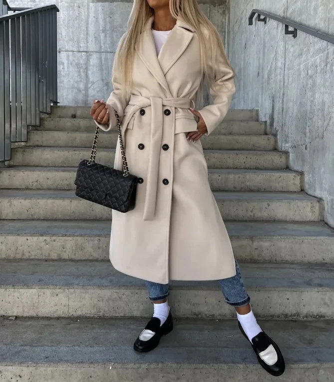 Damen Lange Woll Winterjacke mit Reverskragen und Knopfreißverschluss