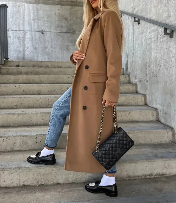 Damen Lange Woll Winterjacke mit Reverskragen und Knopfreißverschluss