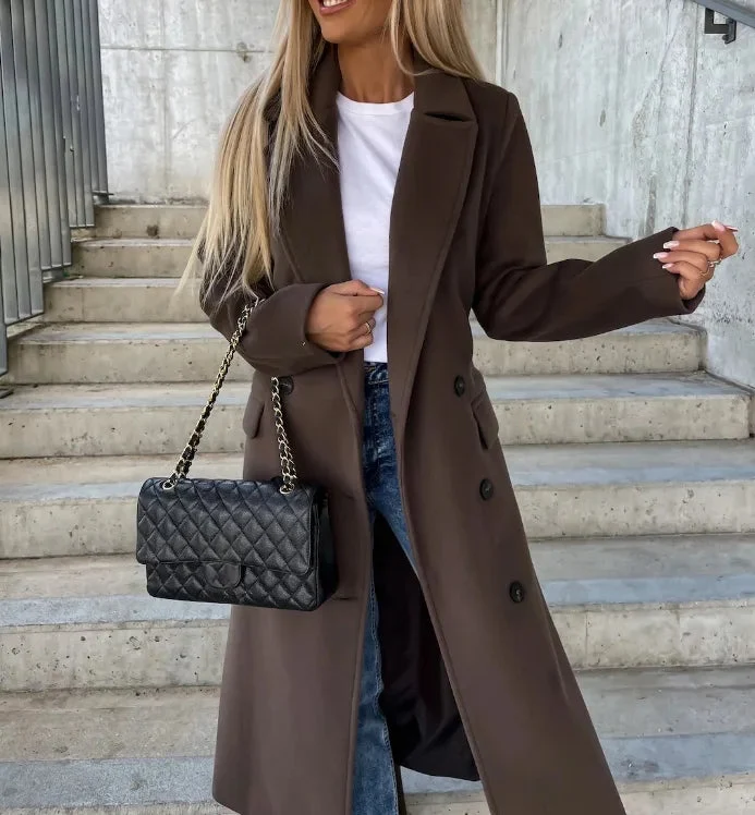 Damen Lange Woll Winterjacke mit Reverskragen und Knopfreißverschluss
