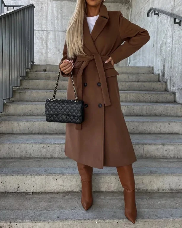 Damen Lange Woll Winterjacke mit Reverskragen und Knopfreißverschluss