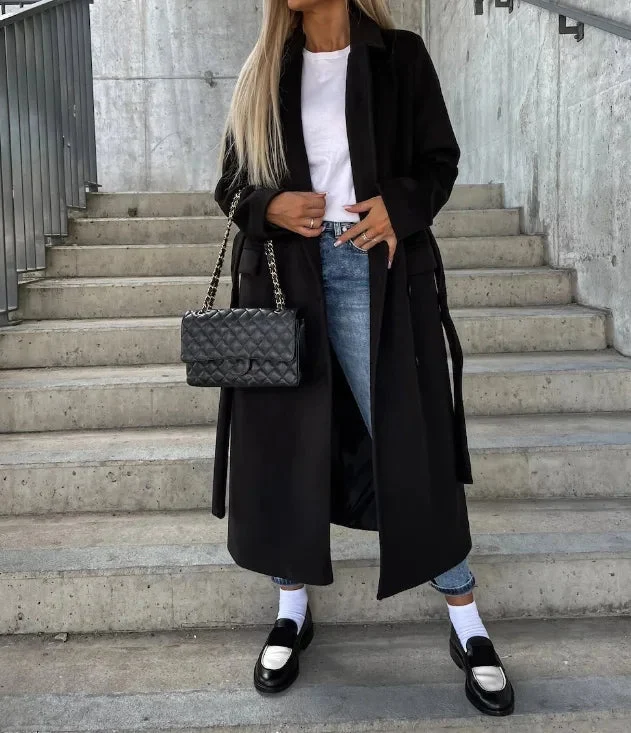 Damen Lange Woll Winterjacke mit Reverskragen und Knopfreißverschluss