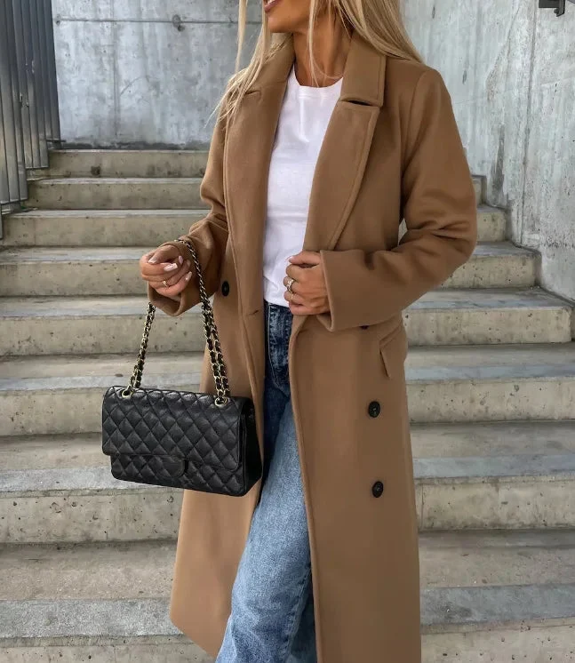 Damen Lange Woll Winterjacke mit Reverskragen und Knopfreißverschluss