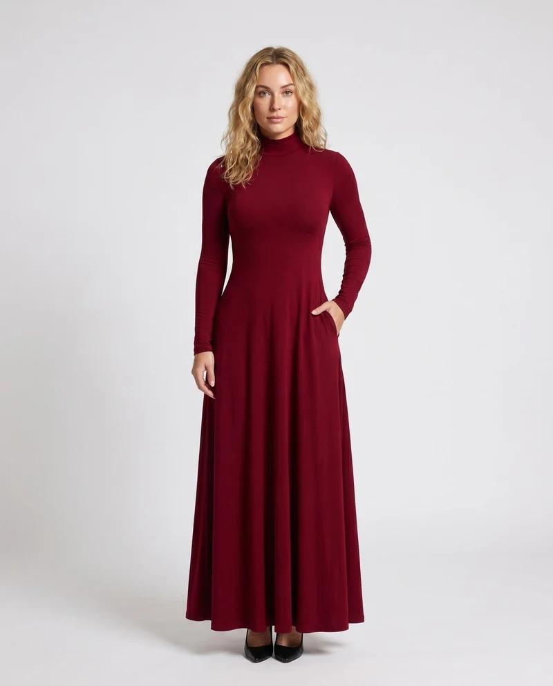 Damen Elegantes Maxikleid mit hohem Kragen und schwingendem Saum