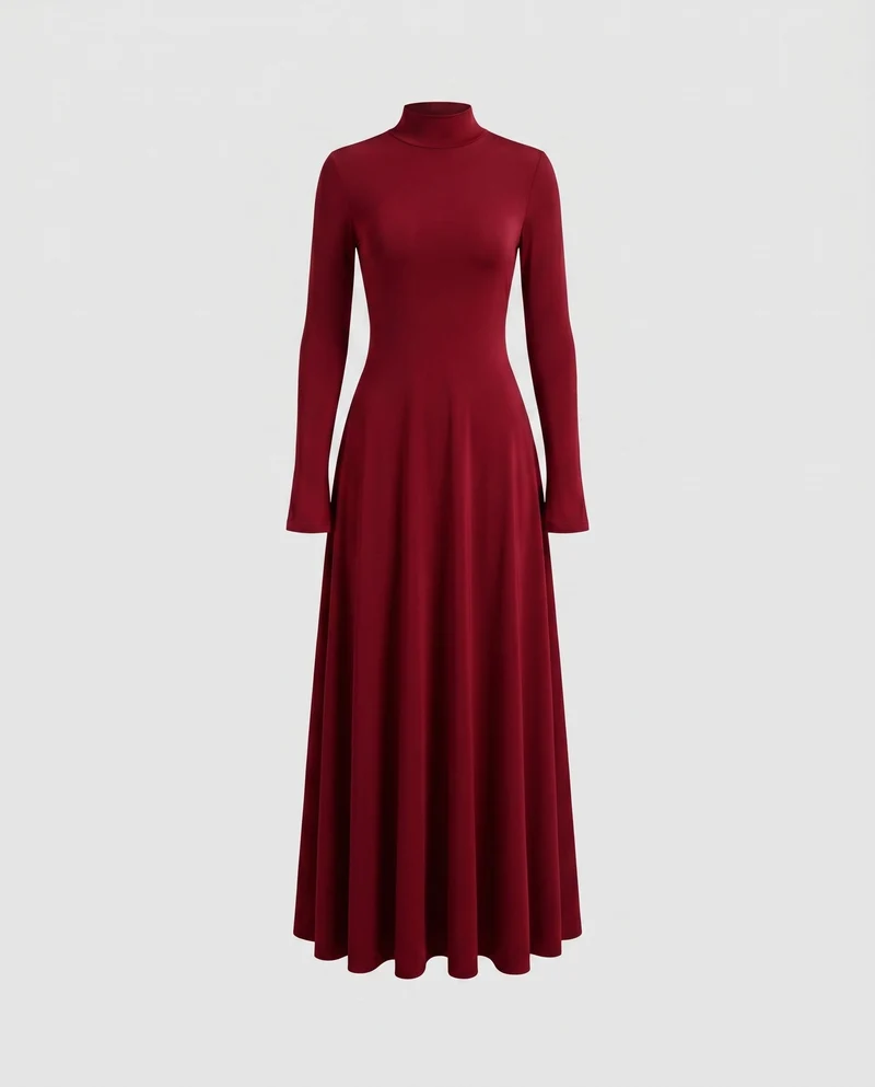Damen Elegantes Maxikleid mit hohem Kragen und schwingendem Saum