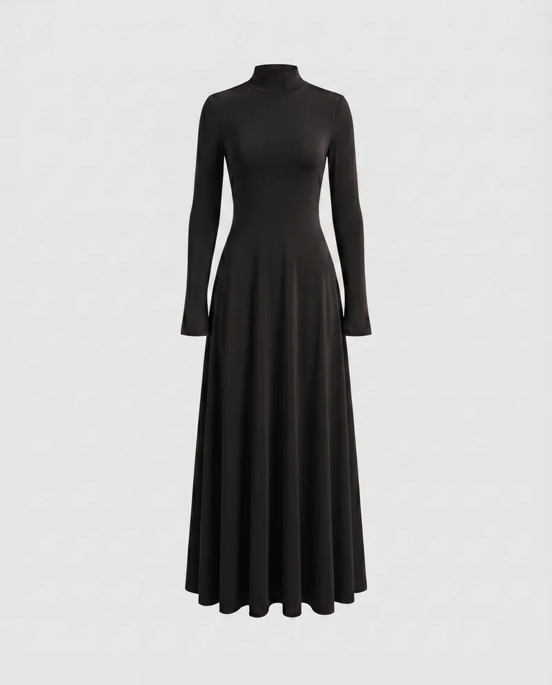 Damen Elegantes Maxikleid mit hohem Kragen und schwingendem Saum