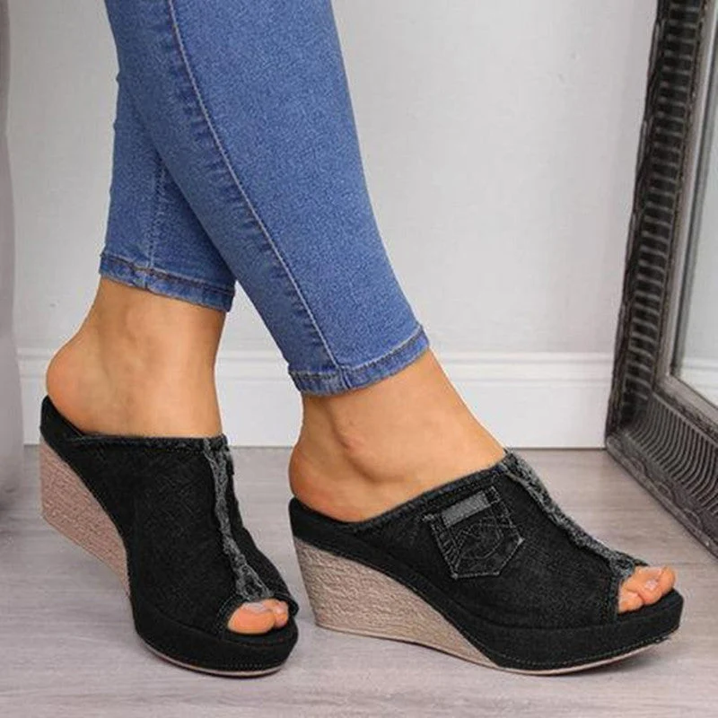 Damen Wedge-Pantoletten aus Denim mit modischem Fransen-Design