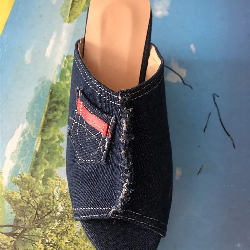 Damen Wedge-Pantoletten aus Denim mit modischem Fransen-Design