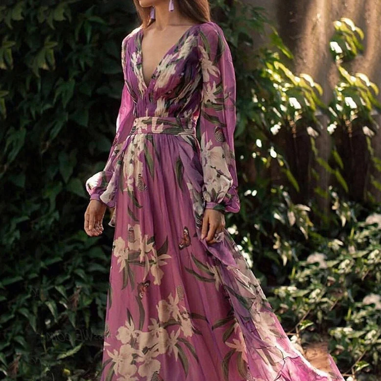 Damen Maxi-Kleid mit floralem Chiffon und elegantem Volant