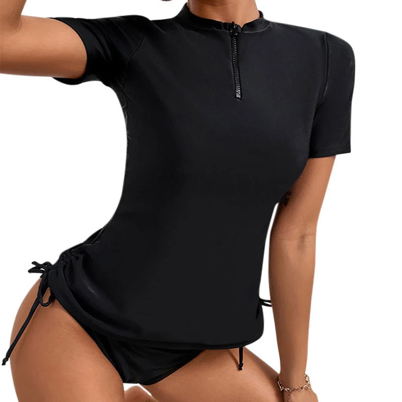Damen Surf-Bikini-Oberteil mit kurzem Arm und hohem Kragen