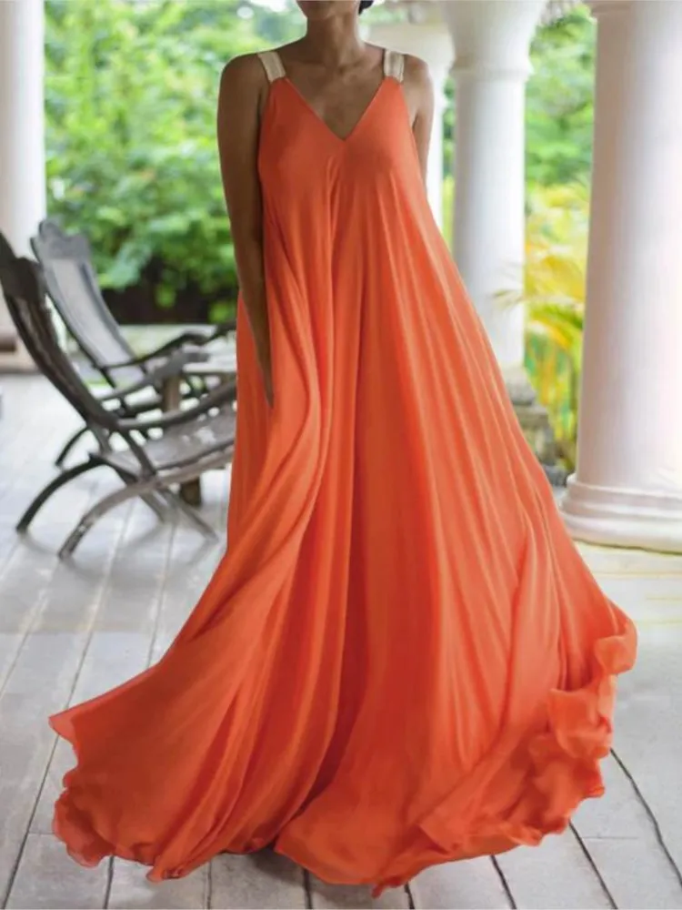 Chloë - Damen Maxikleid im Boho-Stil mit V-Ausschnitt, ärmellos, Sommer, einfarbig, lockere Passform