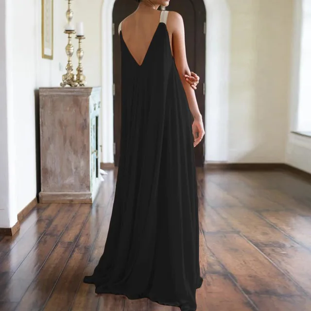 Chloë - Damen Maxikleid im Boho-Stil mit V-Ausschnitt, ärmellos, Sommer, einfarbig, lockere Passform