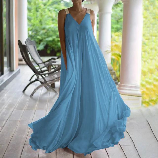 Chloë - Damen Maxikleid im Boho-Stil mit V-Ausschnitt, ärmellos, Sommer, einfarbig, lockere Passform