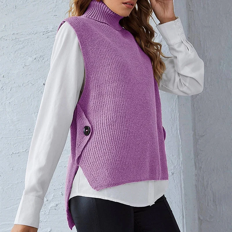 Damen ärmellose Strickjacke mit hohem Kragen und Knopfdetails