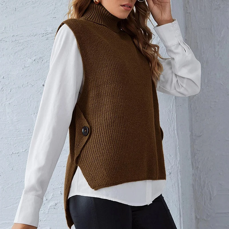 Damen ärmellose Strickjacke mit hohem Kragen und Knopfdetails