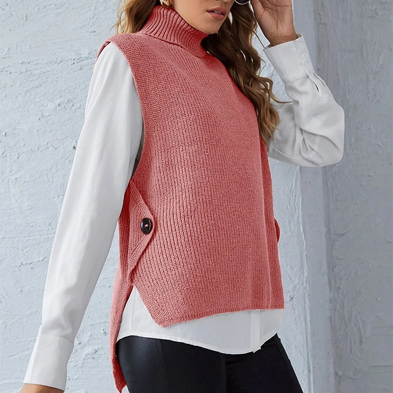Damen ärmellose Strickjacke mit hohem Kragen und Knopfdetails