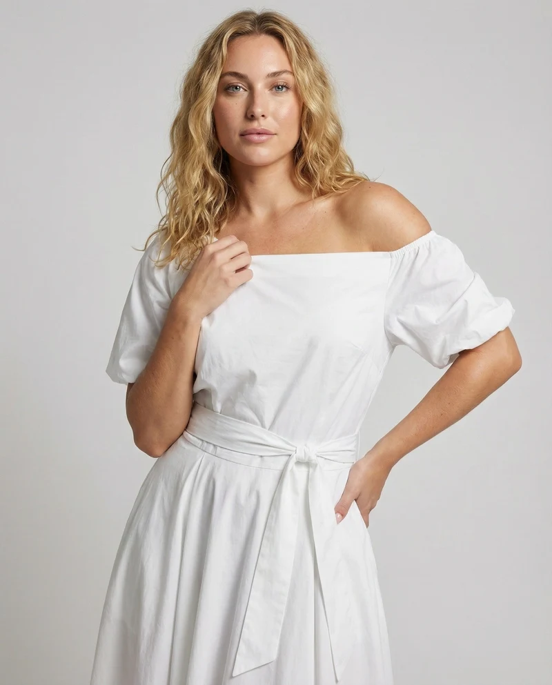Damen Schwingende Puffärmel Ein-Schulter-Midikleid