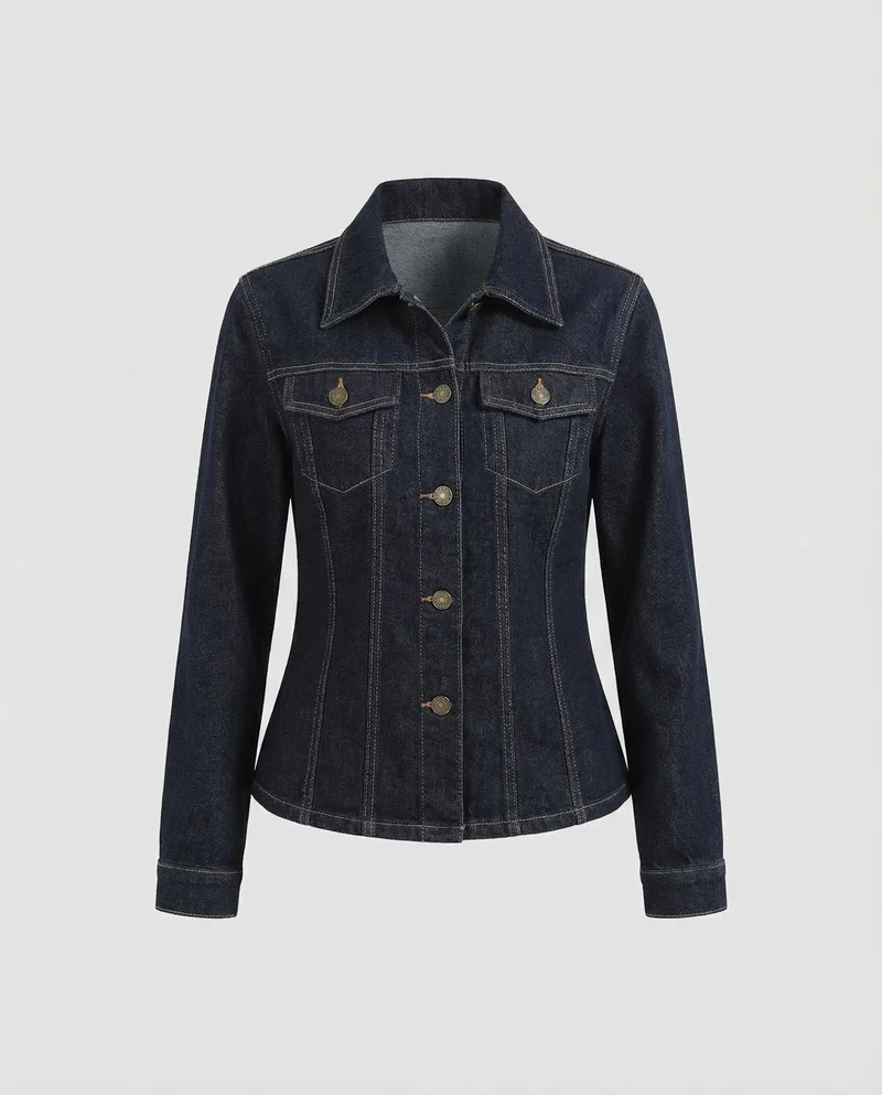 Damen Taillierte Denimjacke Metallknopfleiste