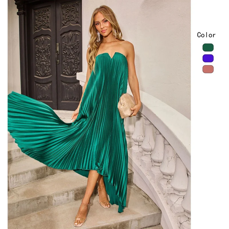 Damen Maxikleid mit plissiertem Oberteil und elegantem V-Ausschnitt