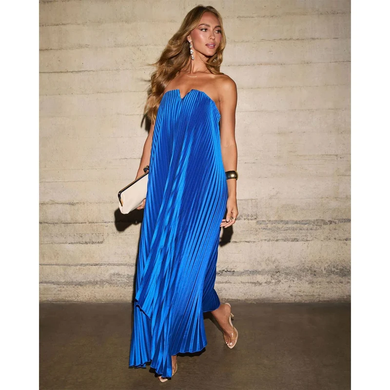 Damen Maxikleid mit plissiertem Oberteil und elegantem V-Ausschnitt