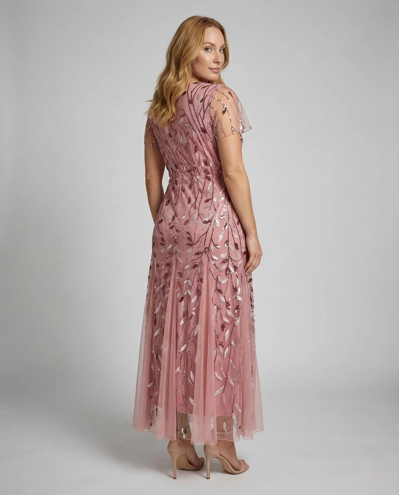 Damen Tüll Abendkleid Pailletten Stickerei Transparente Ärmel