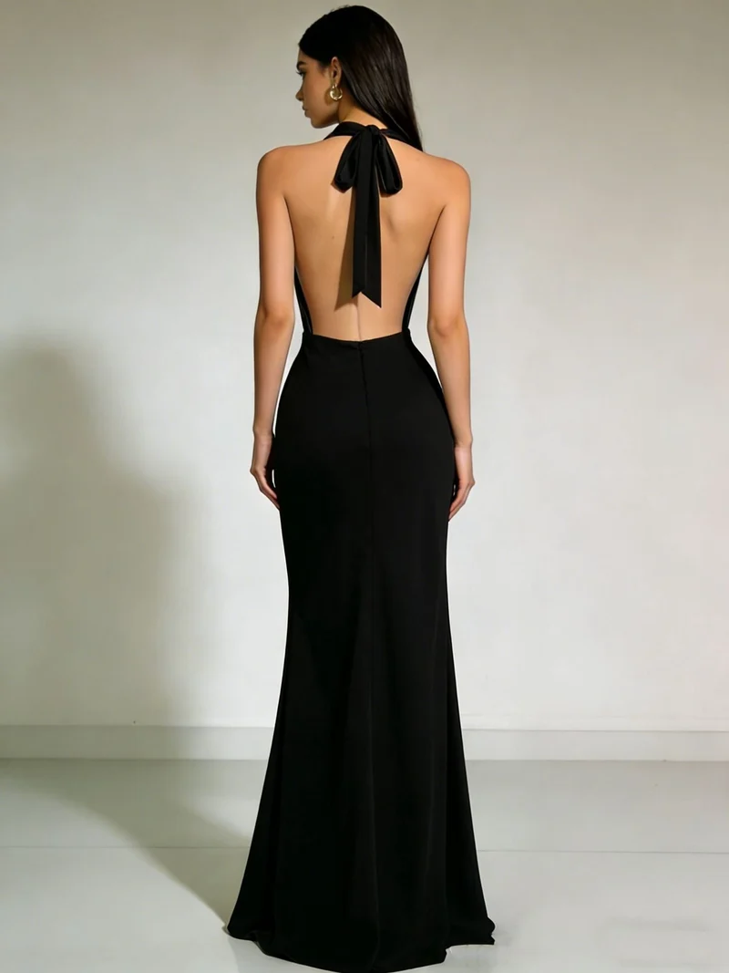 Damen Elegantes und figurbetontes Abendkleid mit tiefem V-Ausschnitt und fließendem Rock Nord Taschen