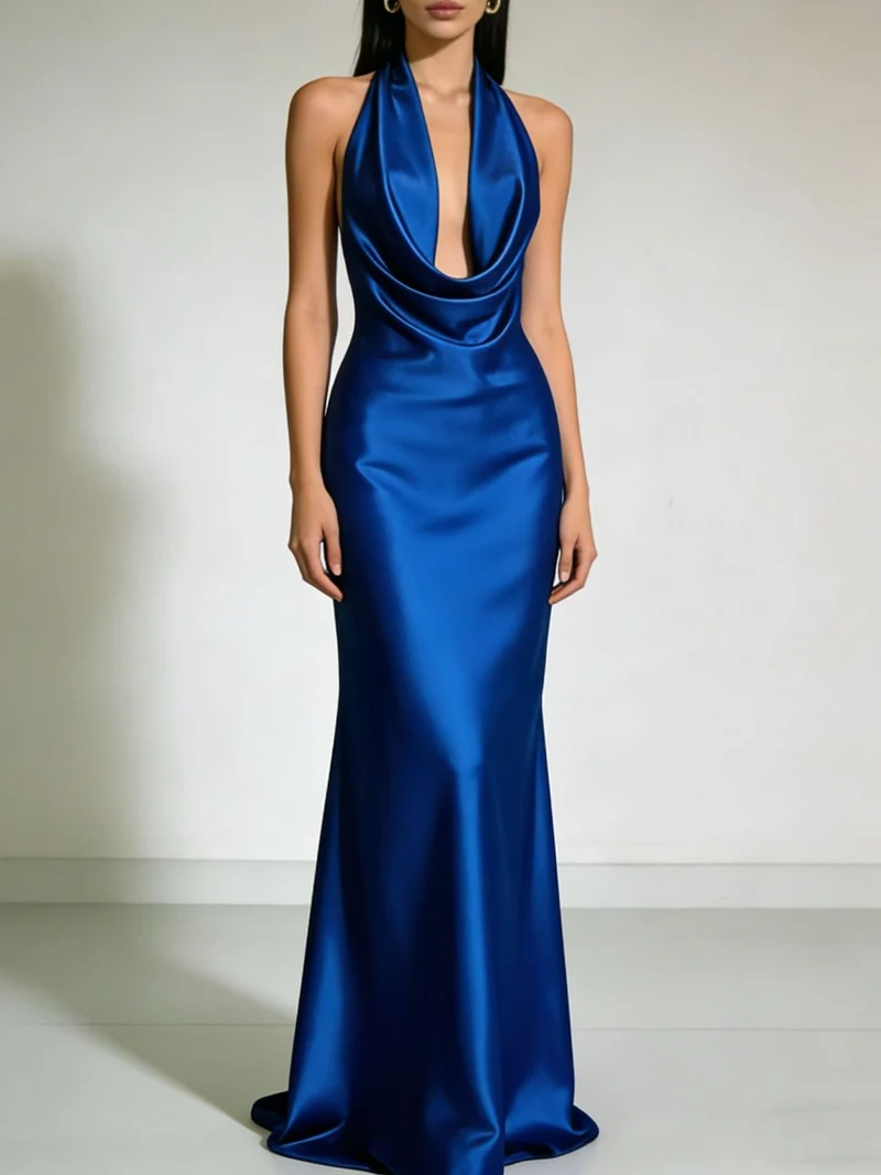 Damen Elegantes und figurbetontes Abendkleid mit tiefem V-Ausschnitt und fließendem Rock Nord Taschen