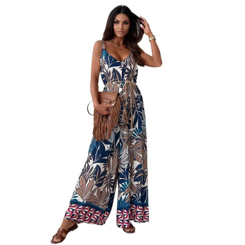Damen Jumpsuit mit floralem Design und taillierbarem Gürtel Nord Taschen