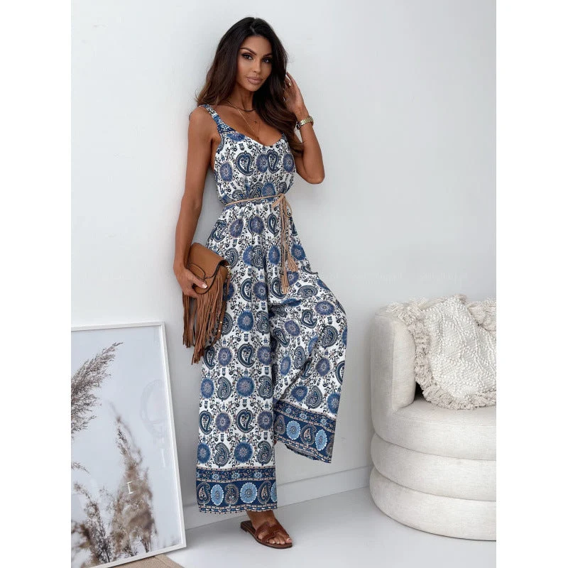 Damen Jumpsuit mit floralem Design und taillierbarem Gürtel Nord Taschen