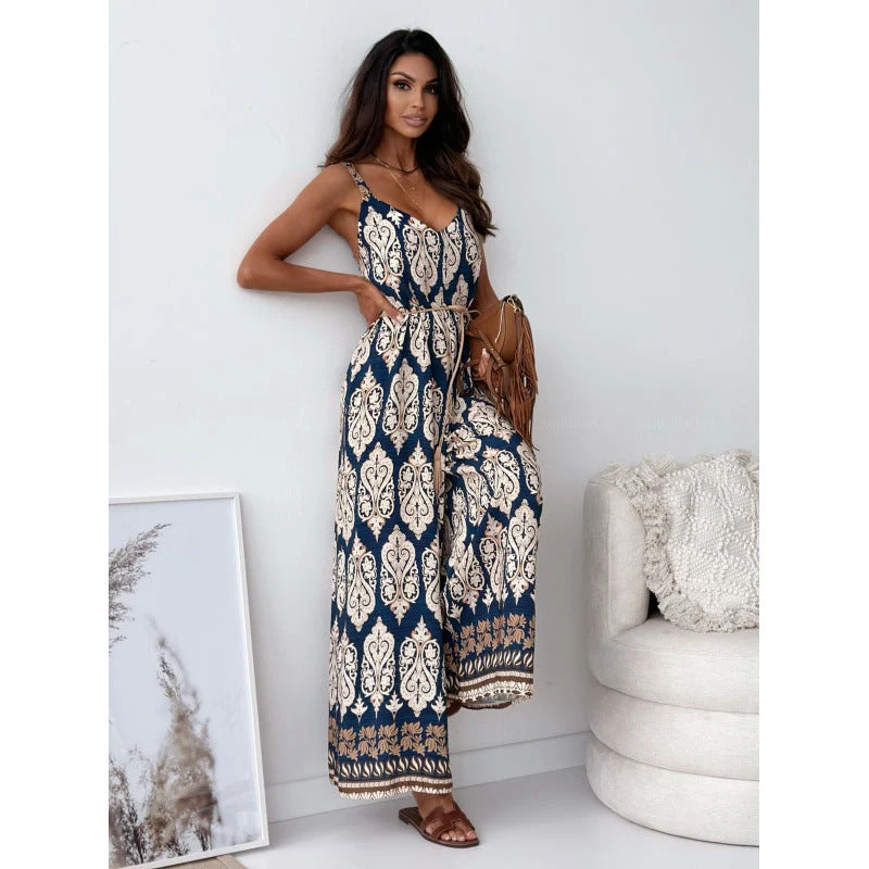 Damen Jumpsuit mit floralem Design und taillierbarem Gürtel Nord Taschen