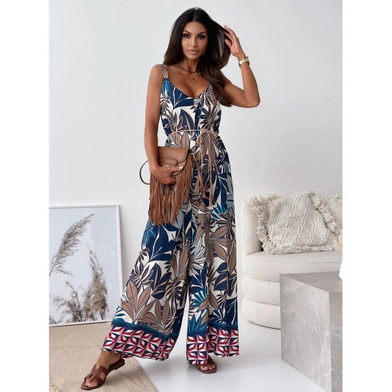 Damen Jumpsuit mit floralem Design und taillierbarem Gürtel Nord Taschen