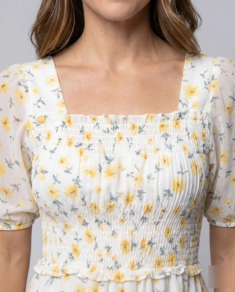 Damen Sommerliches Maxikleid mit floralen Rüschen und elastischem Design
