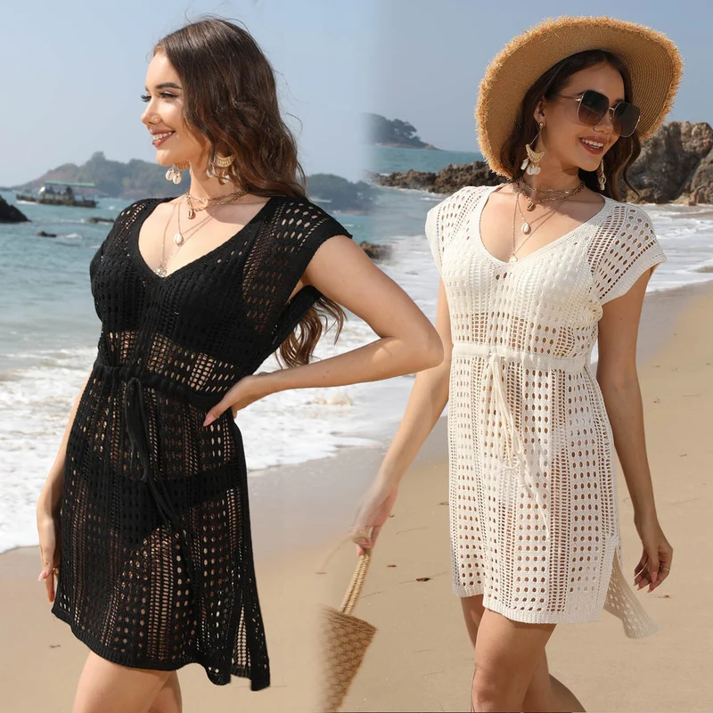 Damen Häkel-Strandkleid mit tiefem V-Ausschnitt und elastischem Bund