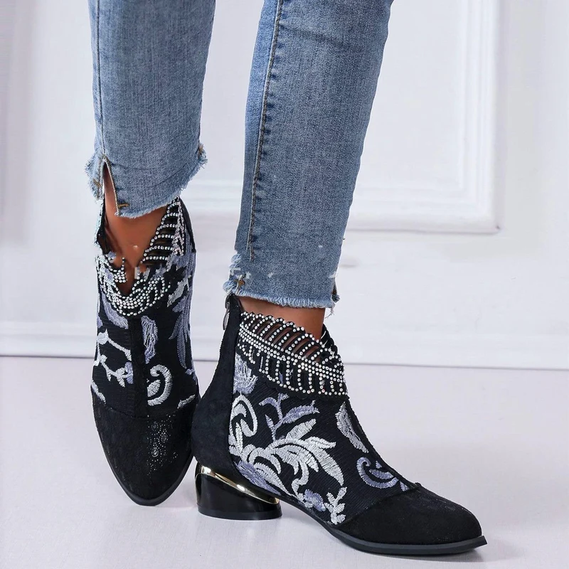 Damen Stiefeletten mit floralem Muster und glanzvollem Blockabsatz