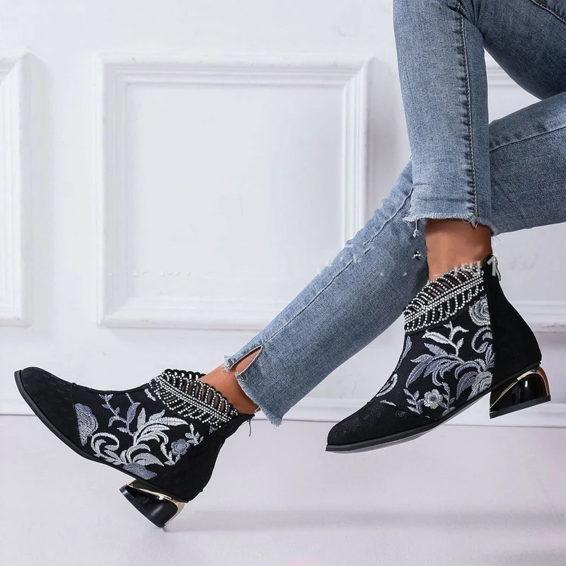 Damen Stiefeletten mit floralem Muster und glanzvollem Blockabsatz