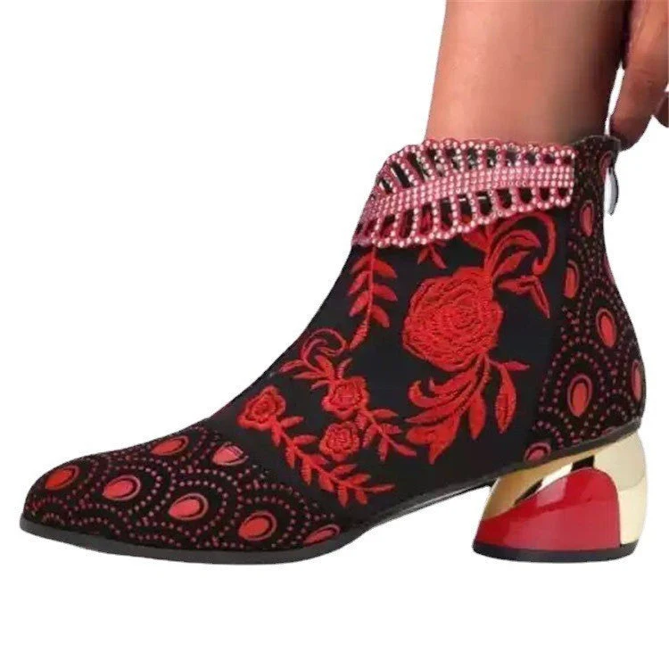 Damen Stiefeletten mit floralem Muster und glanzvollem Blockabsatz