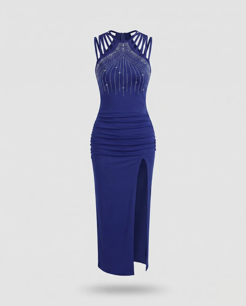 Damen Elegantes und glitzerndes Abendkleid mit hohem Schlitz und Schmuckdetails