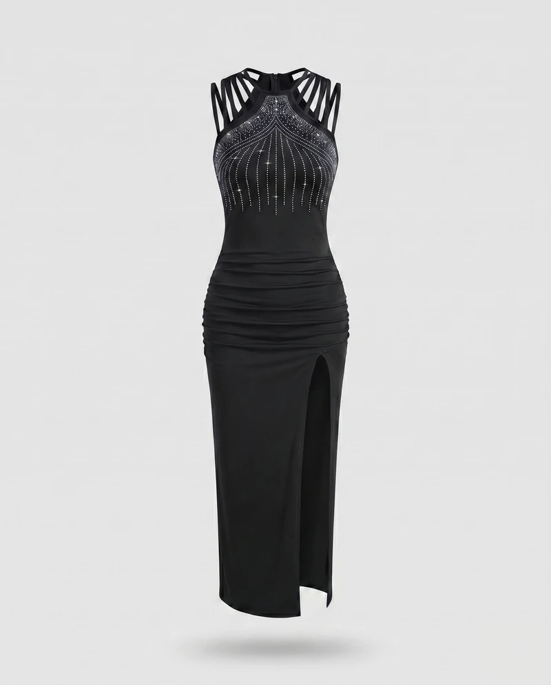 Damen Elegantes und glitzerndes Abendkleid mit hohem Schlitz und Schmuckdetails