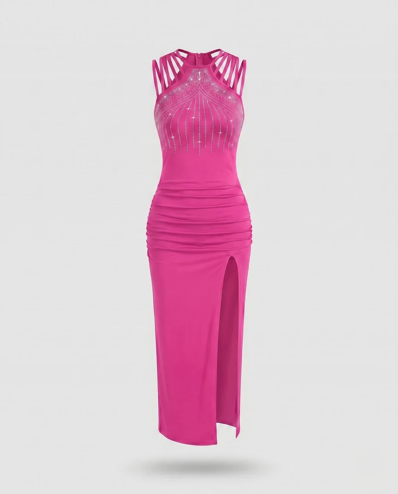 Damen Elegantes und glitzerndes Abendkleid mit hohem Schlitz und Schmuckdetails