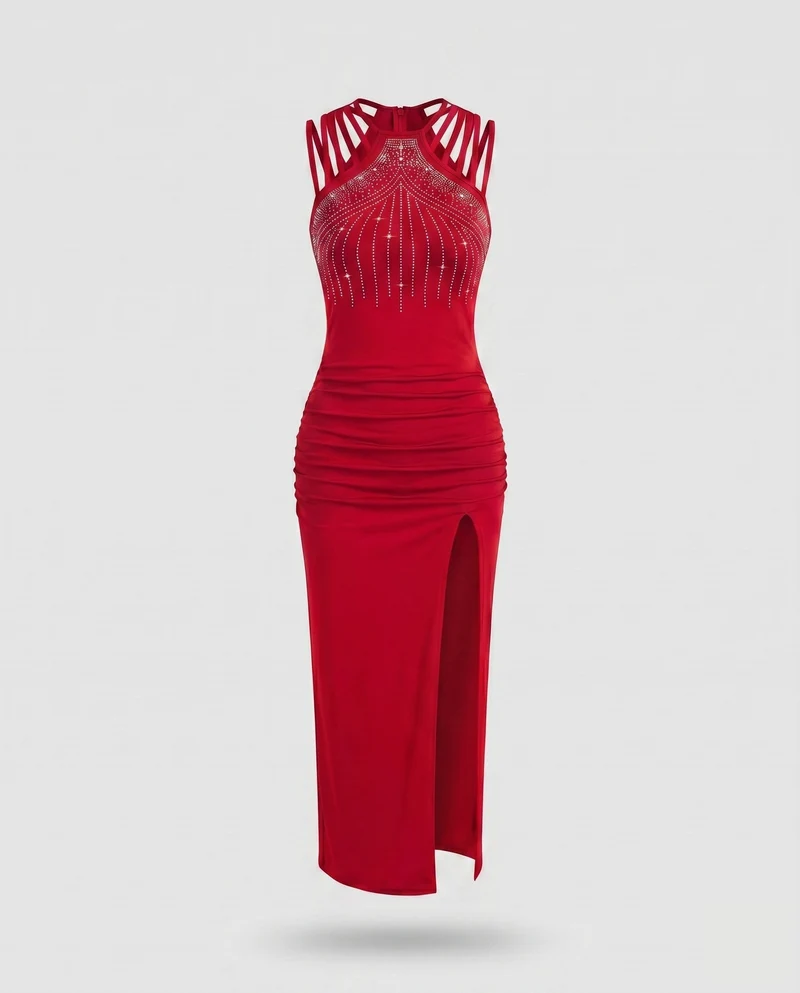 Damen Elegantes und glitzerndes Abendkleid mit hohem Schlitz und Schmuckdetails