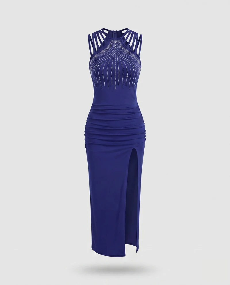 Damen Elegantes und glitzerndes Abendkleid mit hohem Schlitz und Schmuckdetails