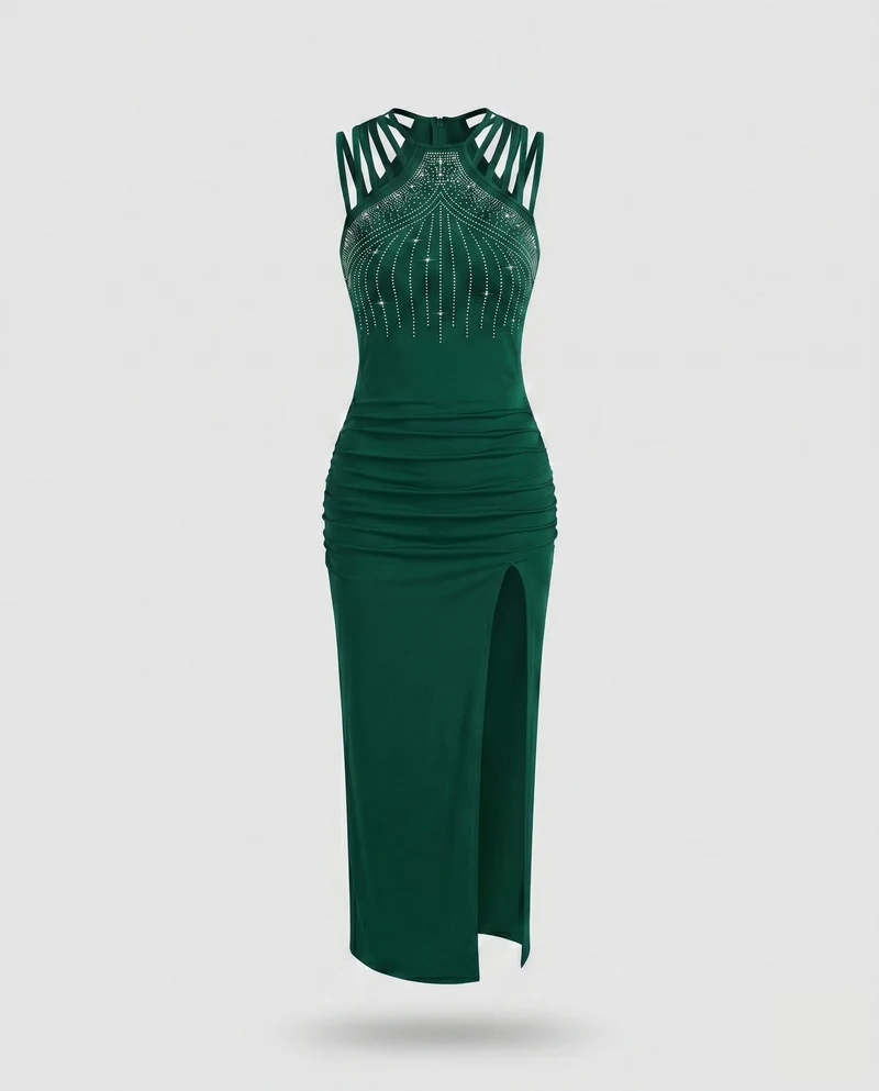 Damen Elegantes und glitzerndes Abendkleid mit hohem Schlitz und Schmuckdetails