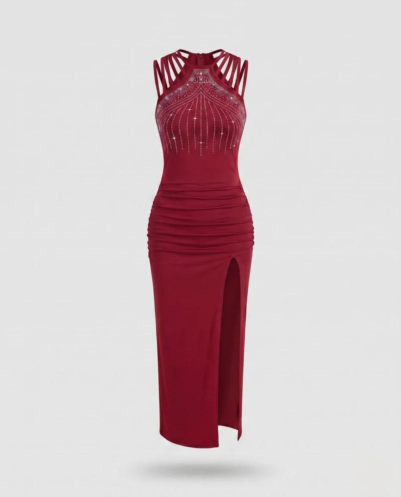 Damen Elegantes und glitzerndes Abendkleid mit hohem Schlitz und Schmuckdetails