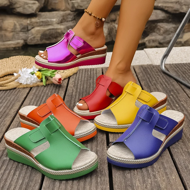 Damen komfortable Wedge-Pantoletten mit verstellbarem Riemendesign