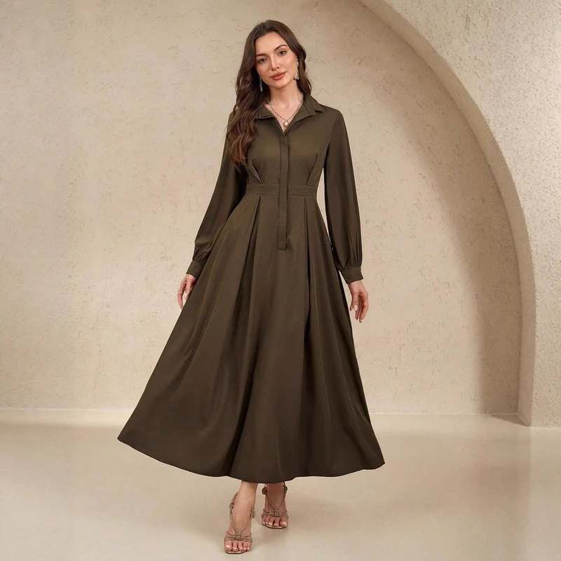 Damen Elegantes Hemdblusenkleid mit schwingendem Rock und praktischen Taschen