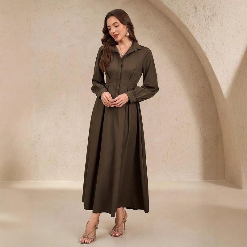Damen Elegantes Hemdblusenkleid mit schwingendem Rock und praktischen Taschen