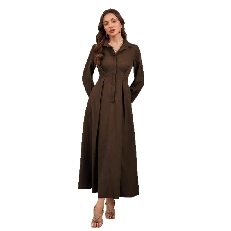 Damen Elegantes Hemdblusenkleid mit schwingendem Rock und praktischen Taschen