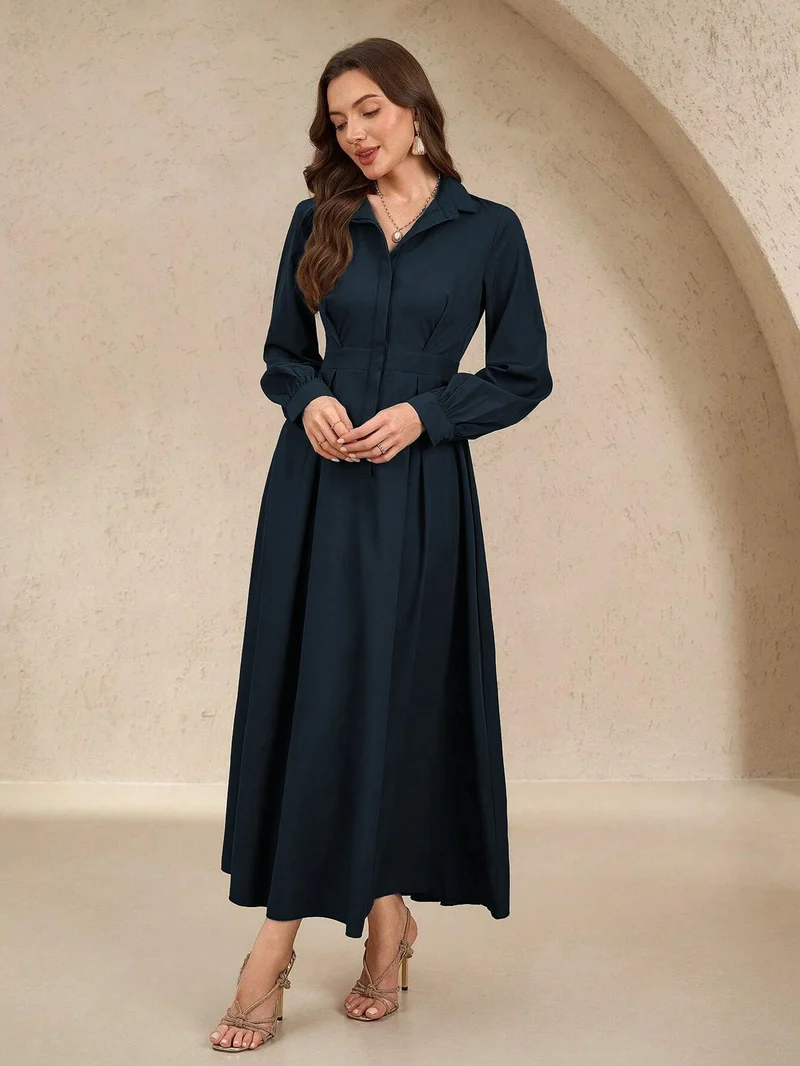 Damen Elegantes Hemdblusenkleid mit schwingendem Rock und praktischen Taschen