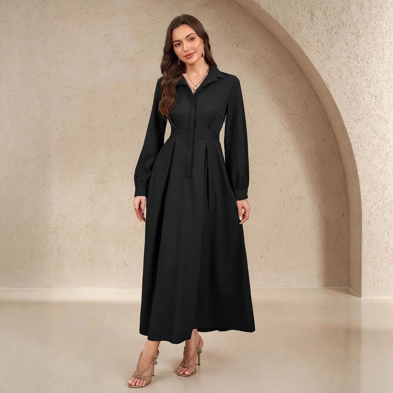 Damen Elegantes Hemdblusenkleid mit schwingendem Rock und praktischen Taschen