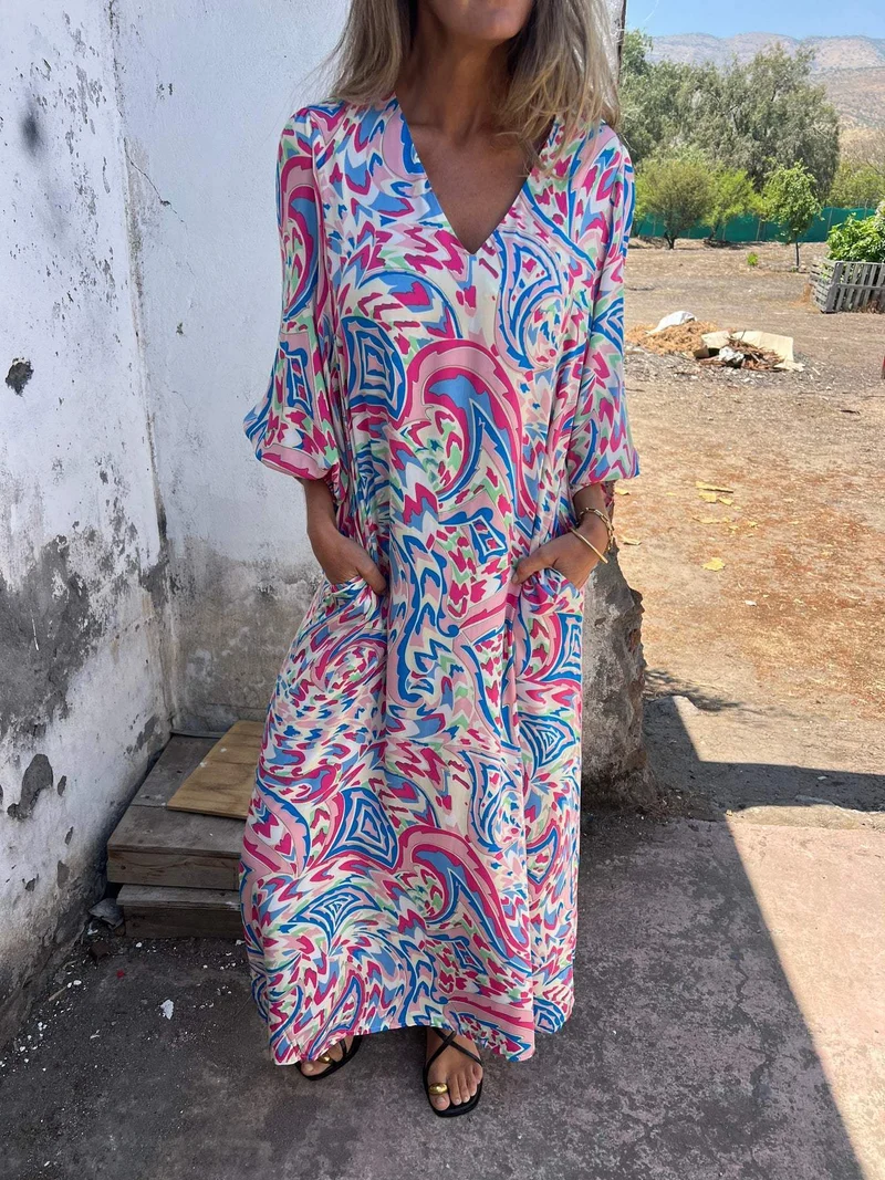 Damen Langarmkleid mit V-Ausschnitt und praktischen Taschen Nord Taschen
