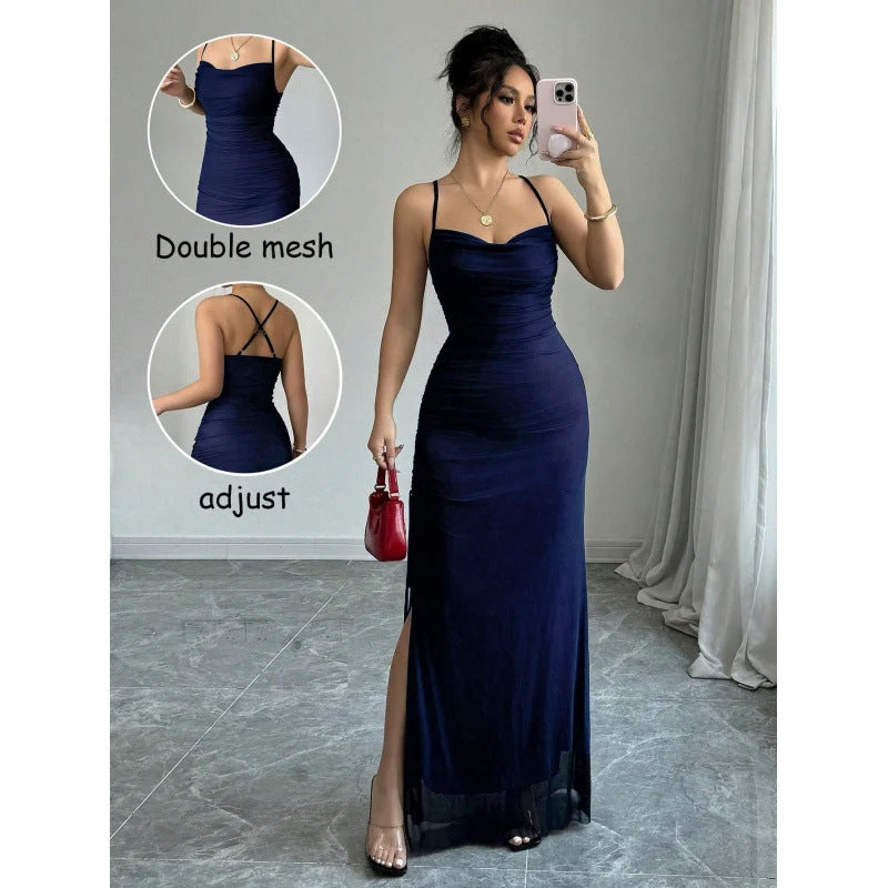 Damen Maxikleid mit verstellbaren Spaghettiträgern und raffiniertem Rüschendesign